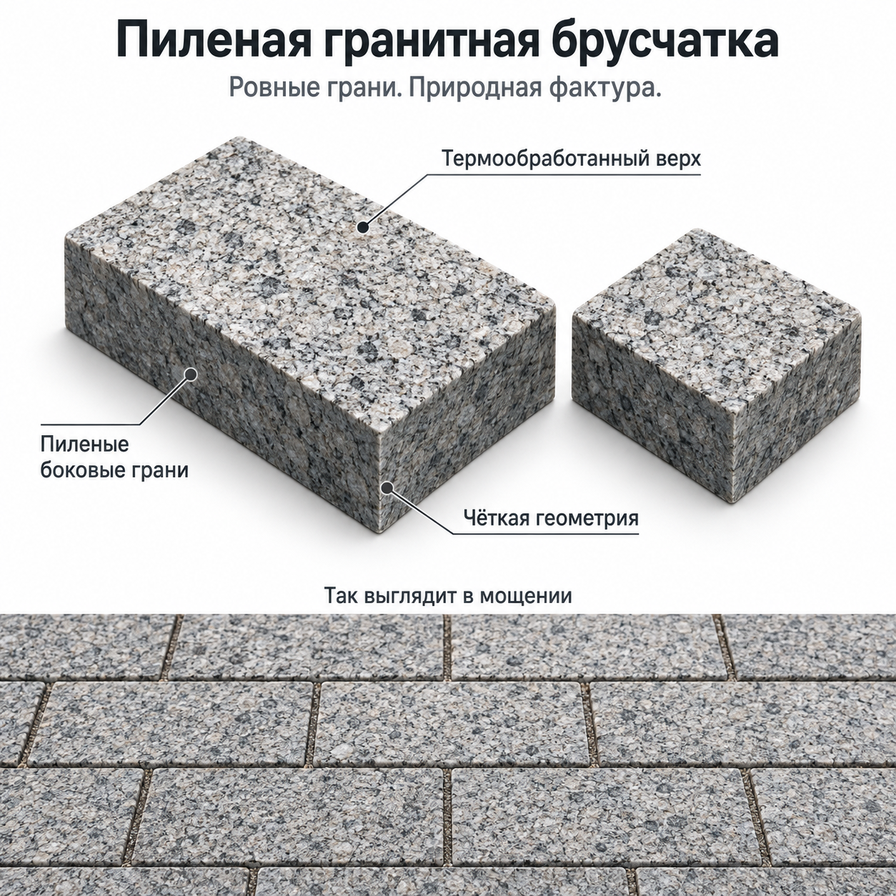 Пиленая гранитная брусчатка: ровные боковые грани, термообработанная поверхность и пример укладки