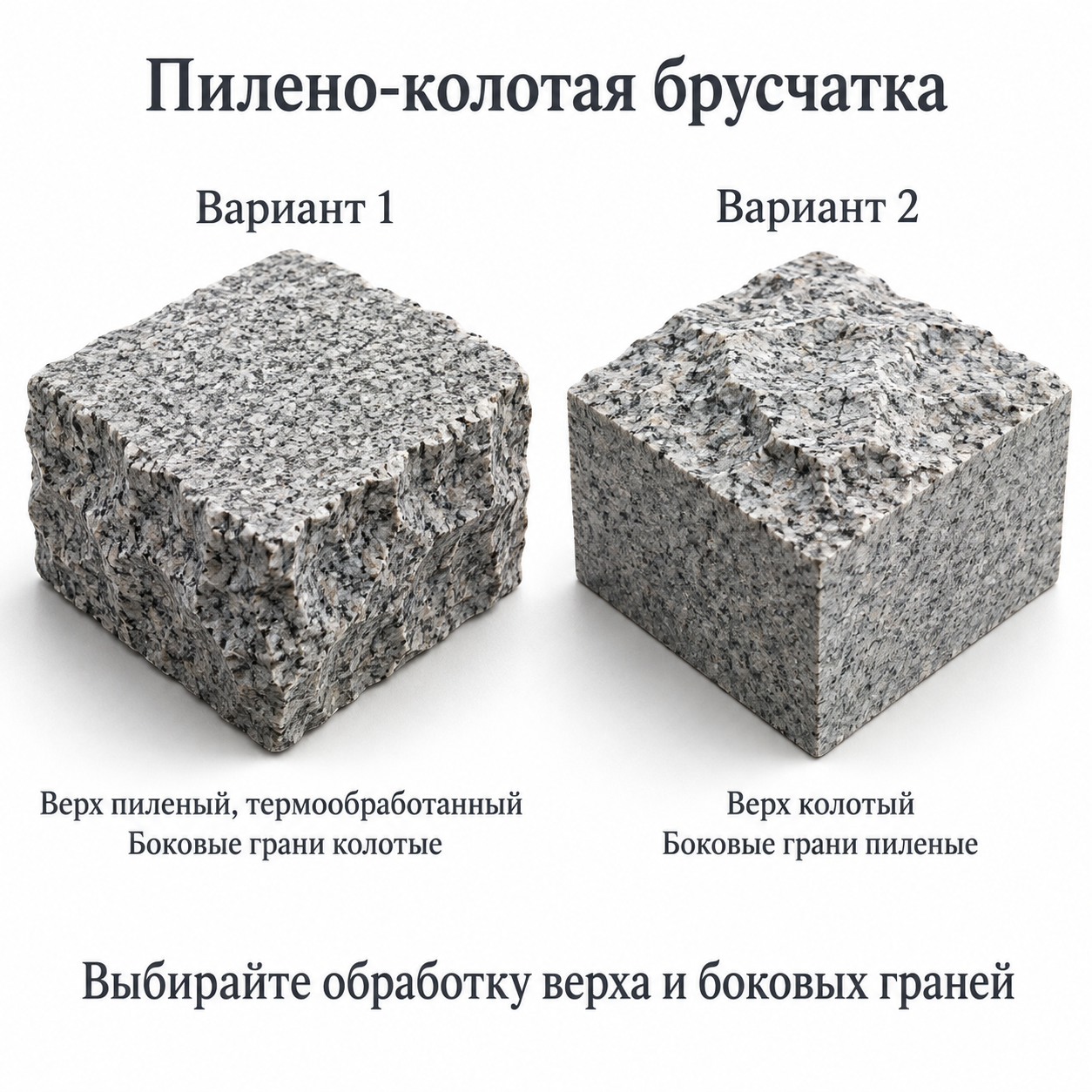 Два исполнения пилено-колотой брусчатки: пиленый верх с колотыми боками и колотый верх с пилеными боками